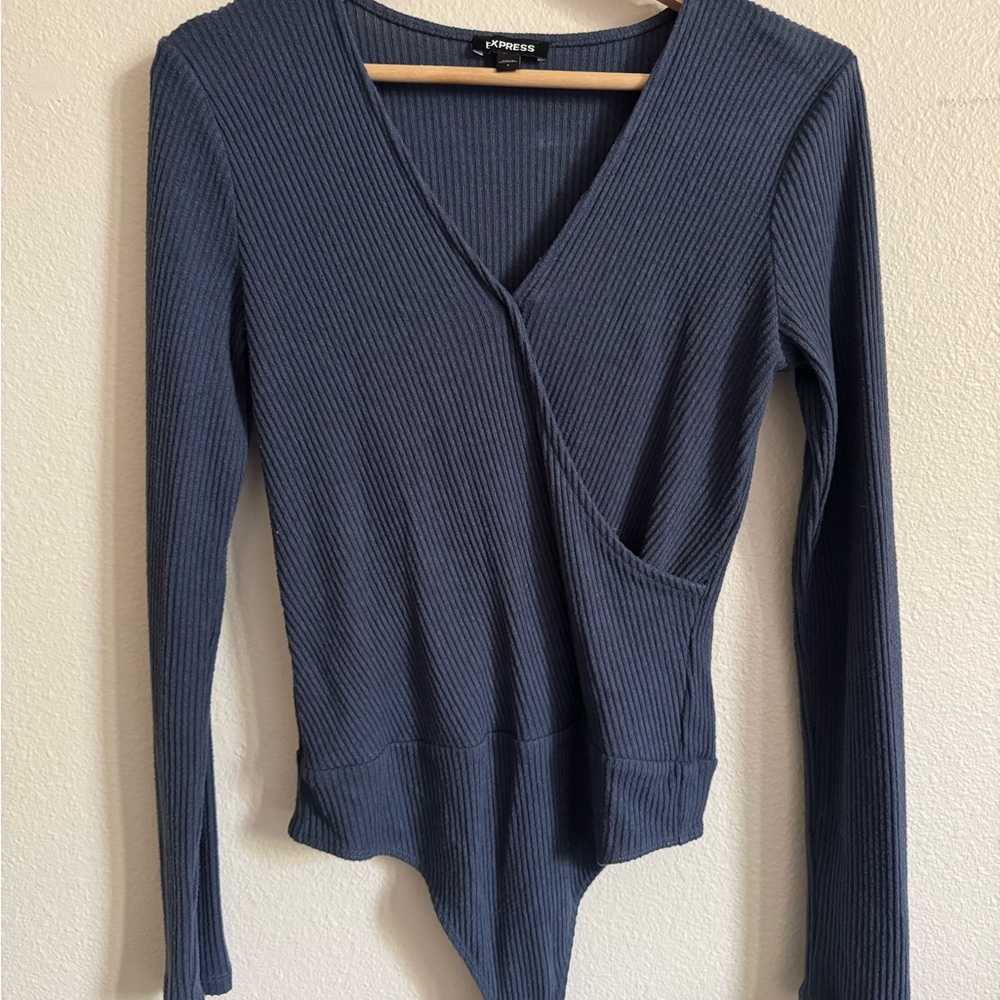 Express Small Women's Blue Ribbed Bodysuit